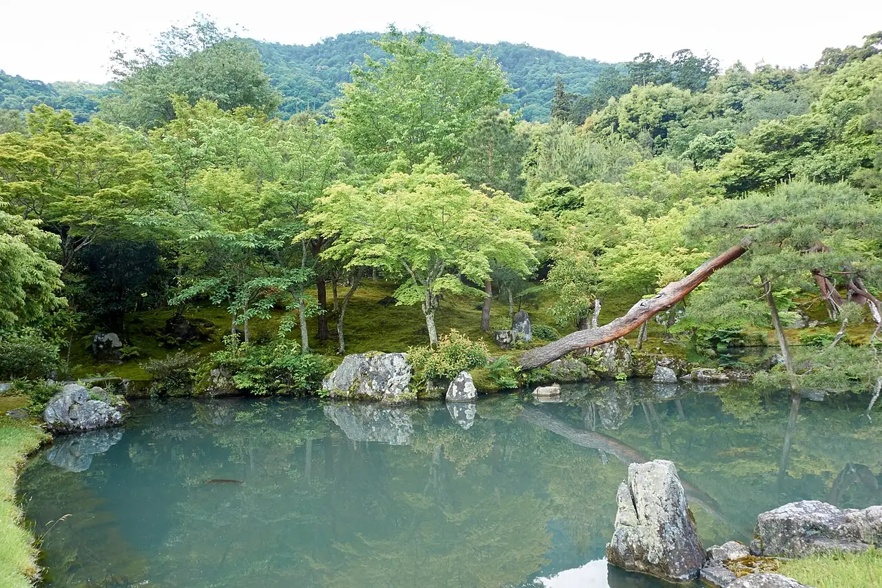 天龍寺曹源池庭園的池塘與山景